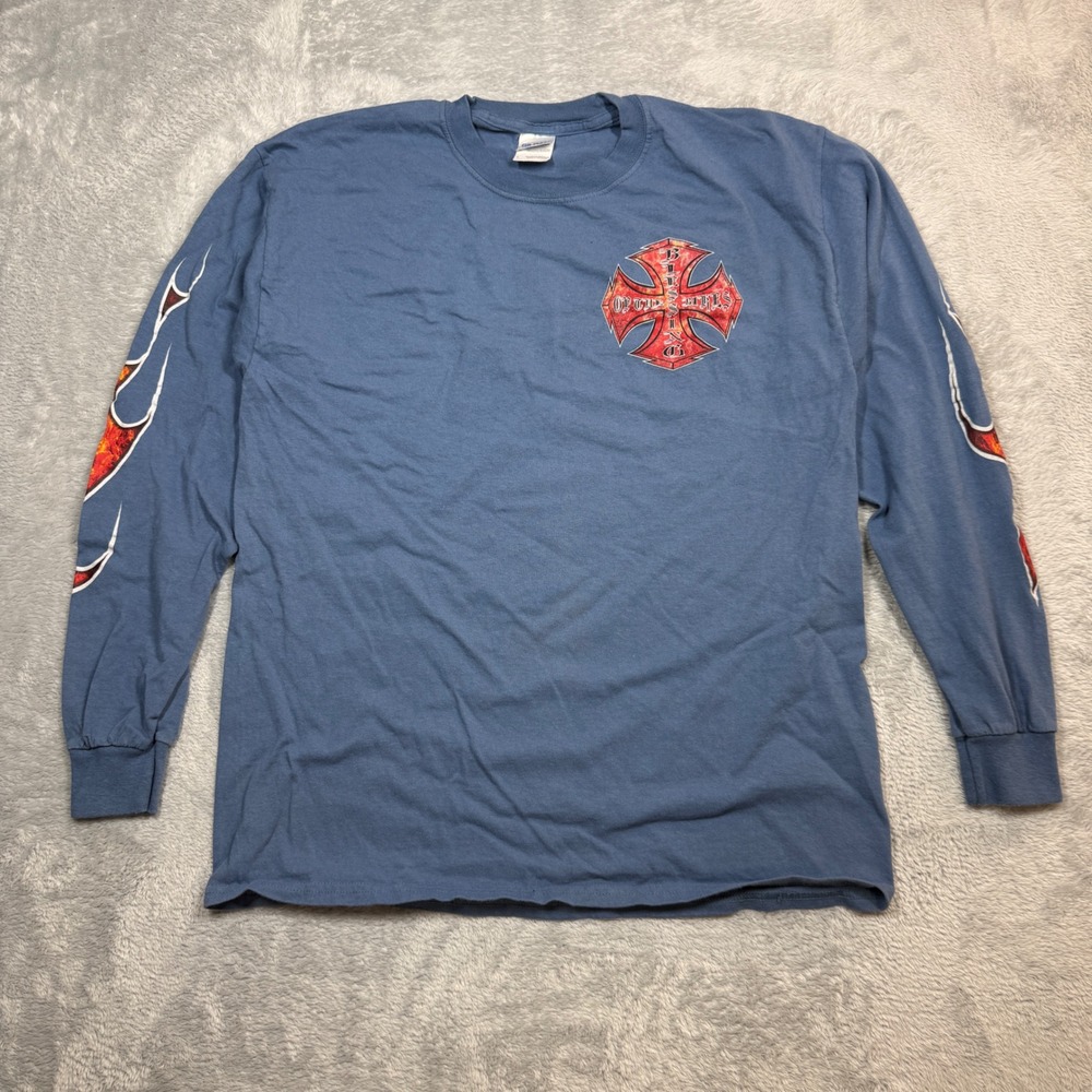 Blessing of the Bikes Long Sleeve Shirt Mens L Blue Flames Y2K Cross Detroit